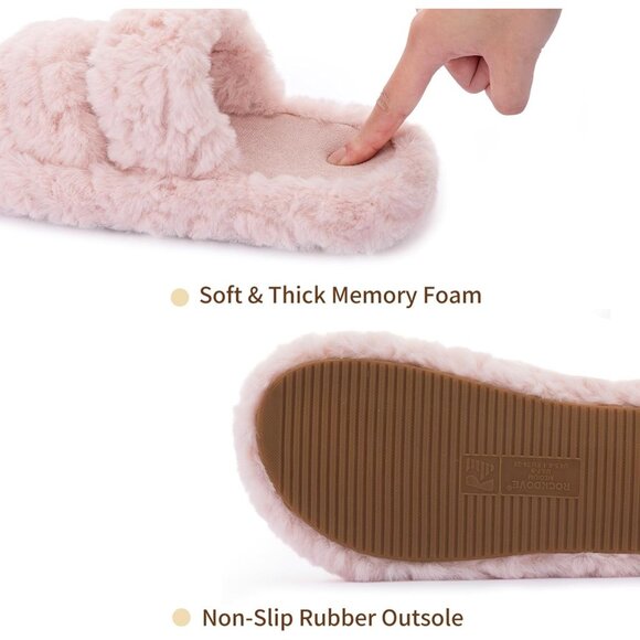Women’s Light Pink Pluffie Arch Memory Foam Cozy Faux Fur Open Slippers Shoes - Picture 4 of 6